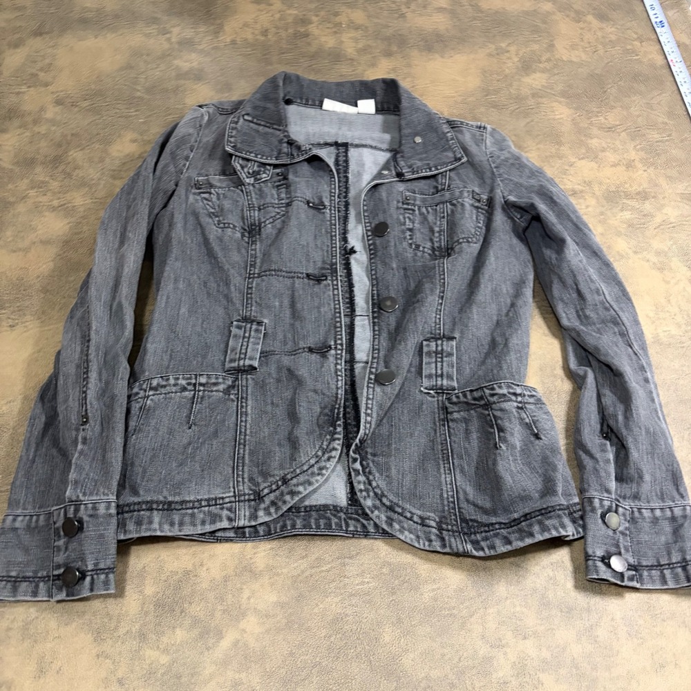 DKNY Jeans Denim Jacket Womens Medium Gray Utility Button Front Stretch *NO BELT